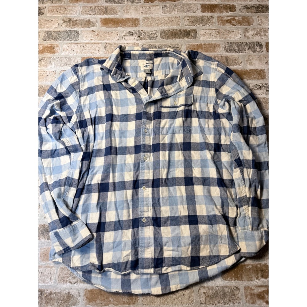 Old Navy Mens XLSlim Fit Flannel Shirt Blue White Buffalo Plaid Cotton Button Up